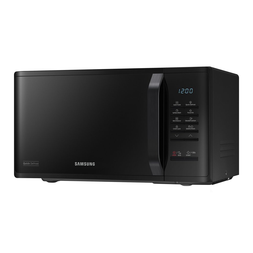 Samsung 800W microwave in sleek black finish, featuring a digital display, control panel with buttons, and a compact 23L capacity.