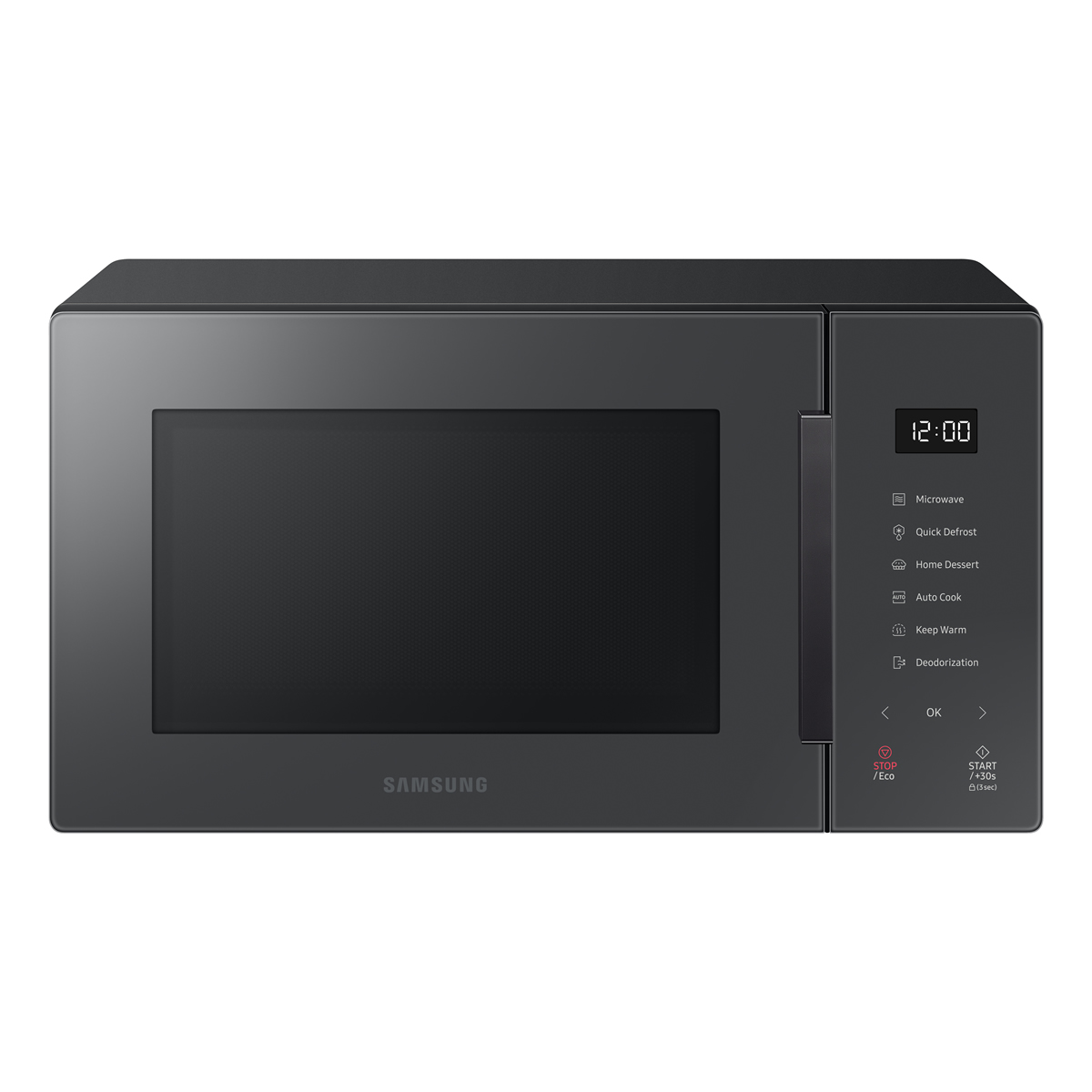 Samsung Solo Microwave in sleek charcoal finish, featuring a 23L capacity, digital control panel with buttons, and a large glass door for easy viewing.