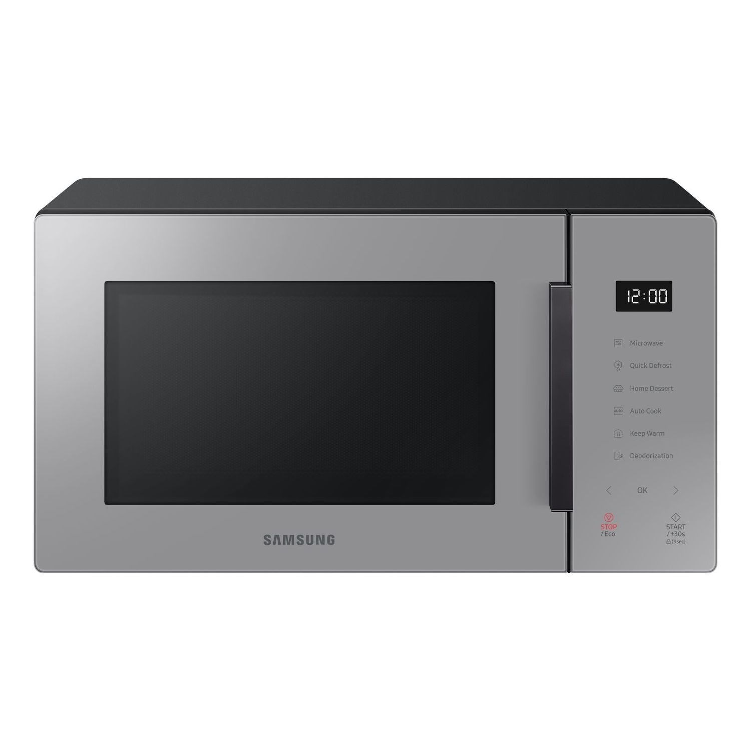 Samsung MS23T5018AG microwave in grey, featuring a sleek design, a black glass front, digital control panel, and a 23L capacity for versatile cooking options.