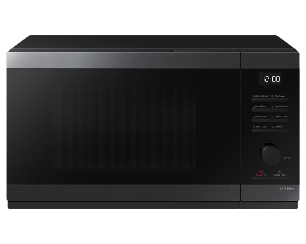 Samsung Solo Microwave in black stainless finish, featuring a sleek design, digital control panel, and a 32L capacity with a triple distribution system for even heating.
