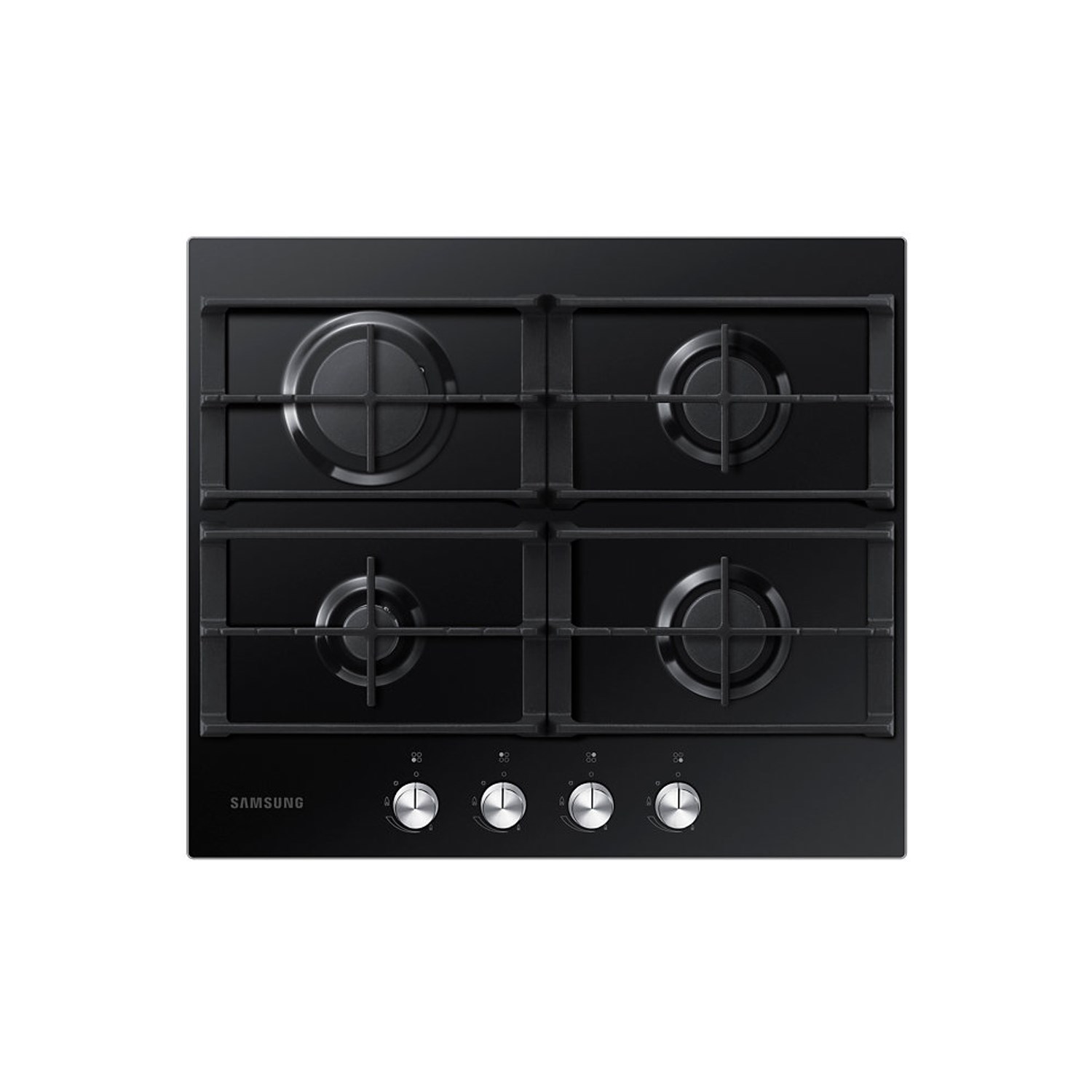 Samsung NA64H3000AK gas hob features a sleek black glass surface, four burners with cast iron grates, and stainless steel control knobs for precise cooking.