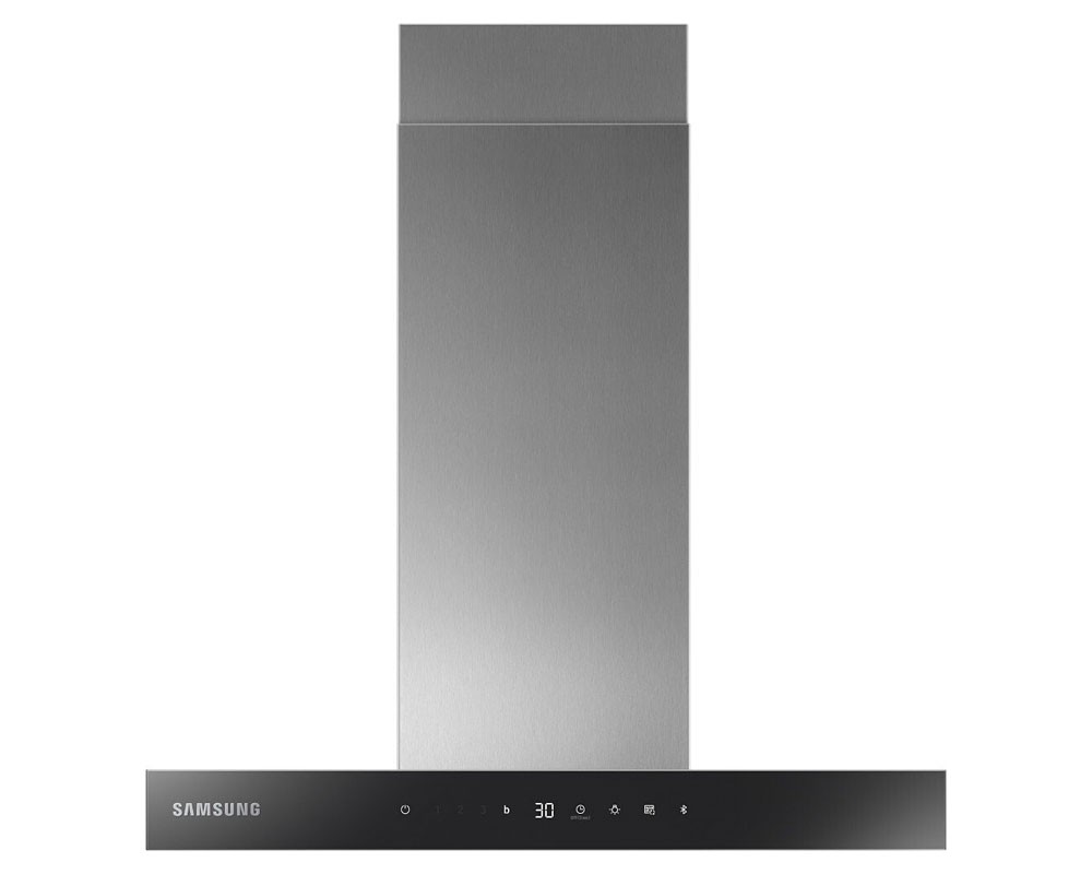Sleek stainless steel Samsung NK24C5703TS chimney cooker hood features a minimalist design, touch controls, and auto connectivity, measuring 60cm wide for modern kitchens.