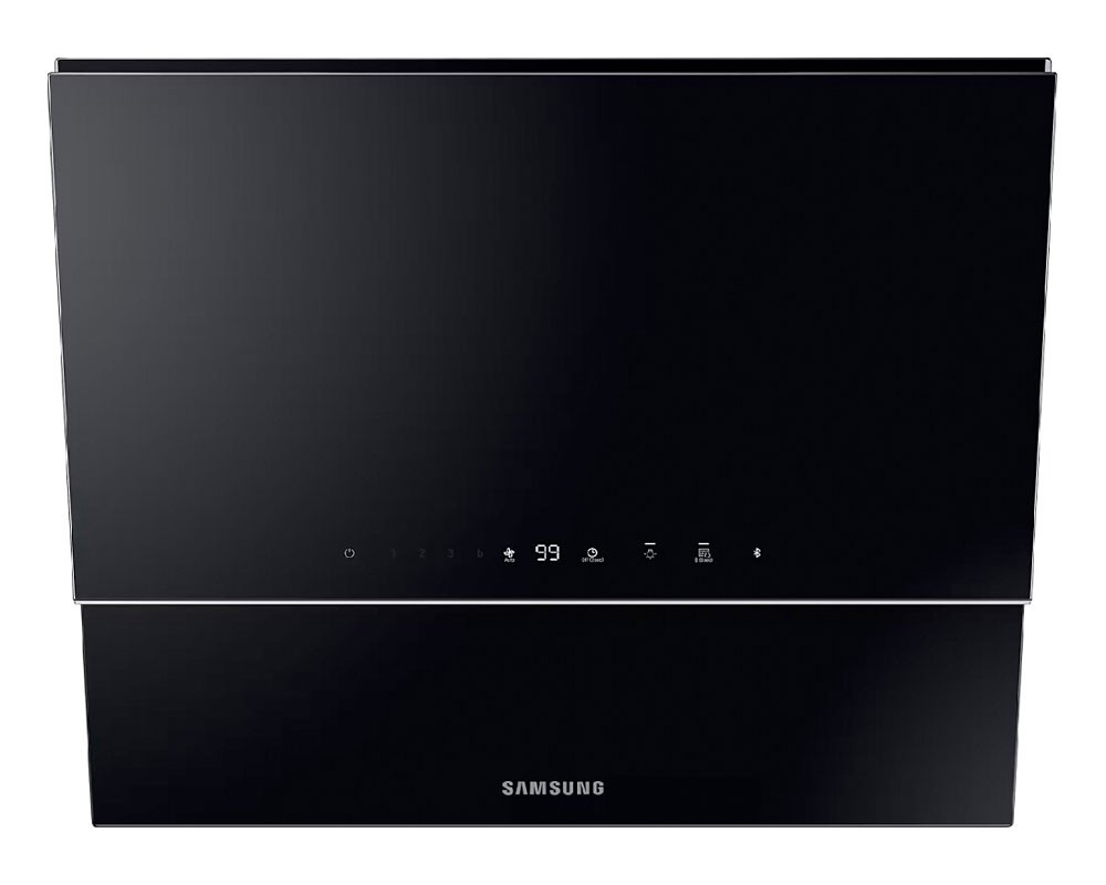 Samsung cooker hood in stainless steel and black glass, featuring a sleek design, powerful extraction rate of 531 m³/h, and touch control panel for easy operation.