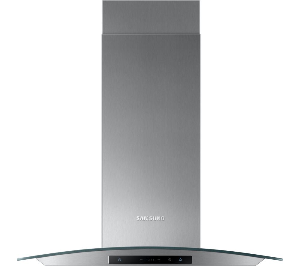 Samsung NK24M5070CS chimney hood features a sleek stainless steel design with a curved glass front, touch controls, and a 60cm width for modern kitchens.