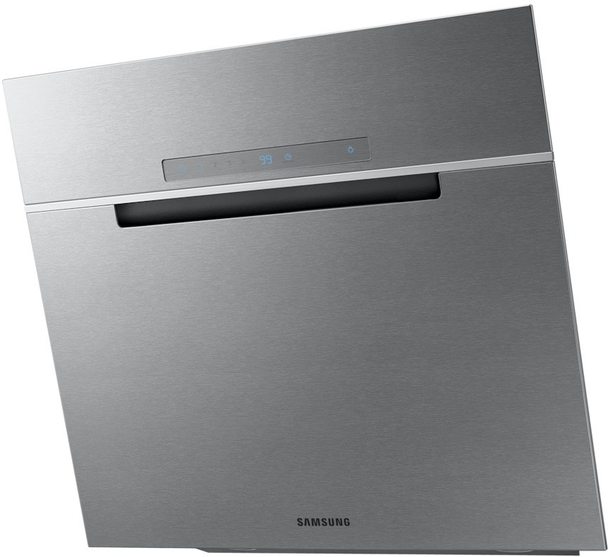 Samsung wall mount cooker hood in sleek silver stainless steel, 60cm wide, featuring a minimalist design and touch control panel with LED indicators.