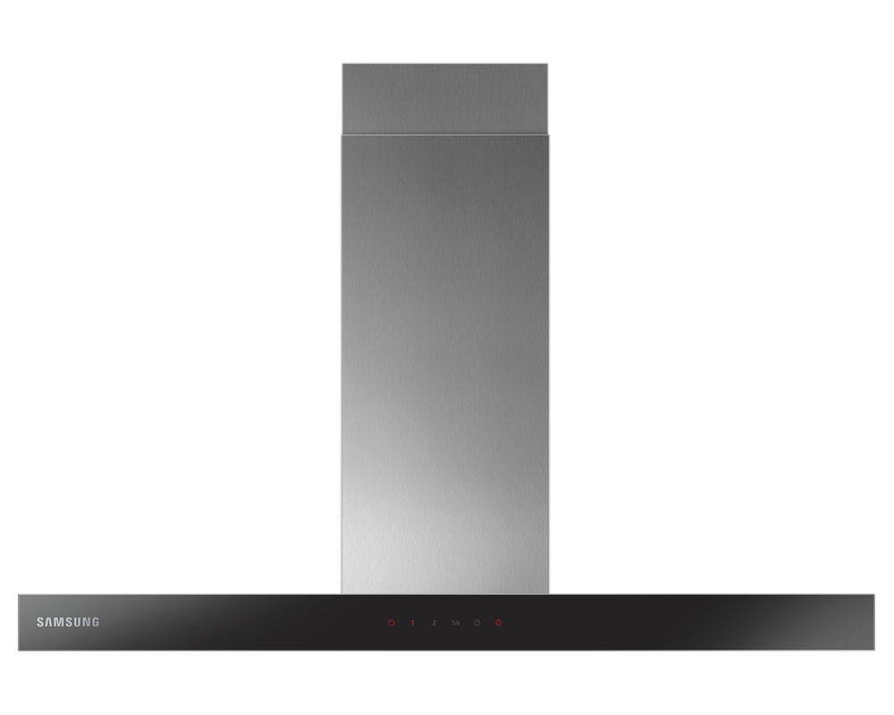 Samsung NK36C5070US 90cm cooker hood featuring a sleek stainless steel design with a black glass panel, touch controls, and powerful extraction capabilities.