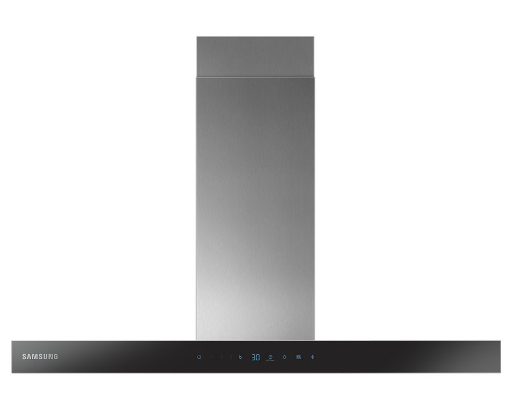 Stainless steel 90cm cooker hood with a sleek design, featuring a black control panel, touch buttons, and auto connectivity for enhanced kitchen functionality.
