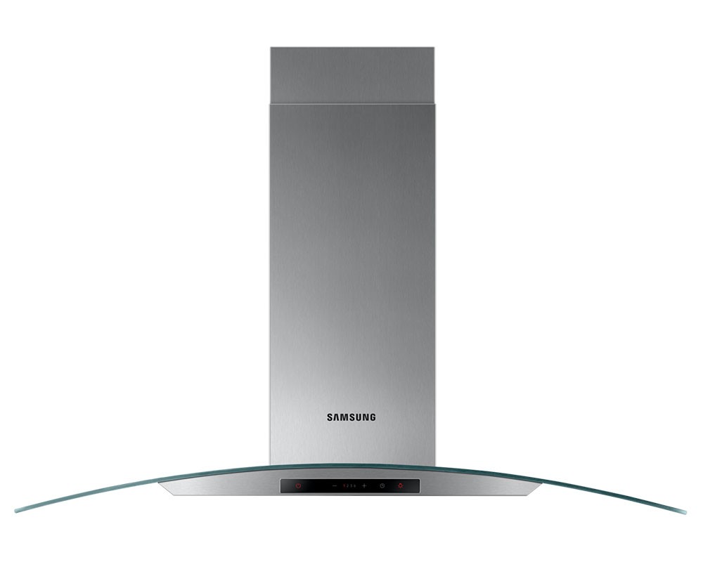 Samsung NK36C5070DS 90cm curved glass chimney hood features a sleek stainless steel body with a glass canopy and touch controls for modern kitchen ventilation.