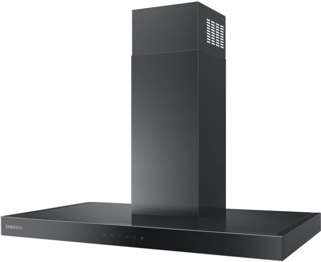 Samsung NK36M5070BM 90cm black touch control hood features a sleek black stainless steel design with a chimney-style vent and illuminated touch controls on the front panel.