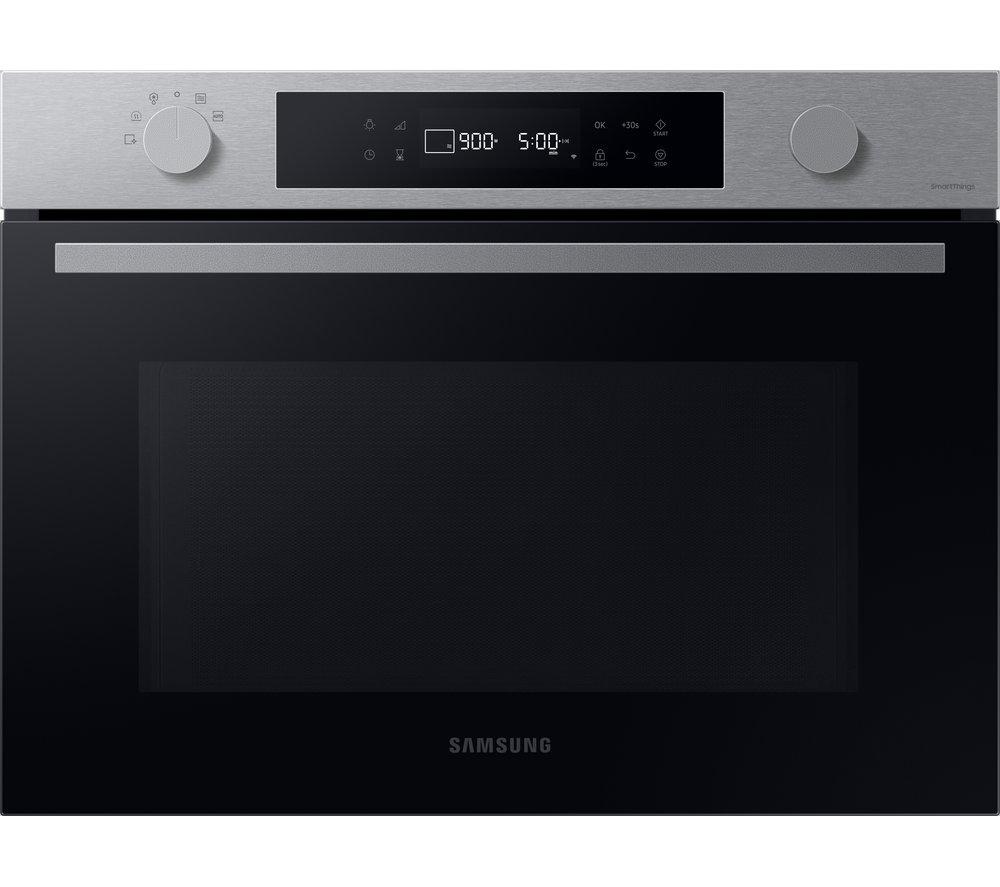 Samsung Built-in Microwave Series 4 features a sleek black exterior with a stainless steel control panel, digital display, and two knobs for easy operation, offering a 50L capacity.