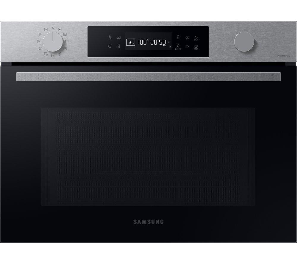 Samsung Compact Oven Series 4 features a sleek black body with a stainless steel control panel, digital display, and knobs for easy temperature and timer adjustments.