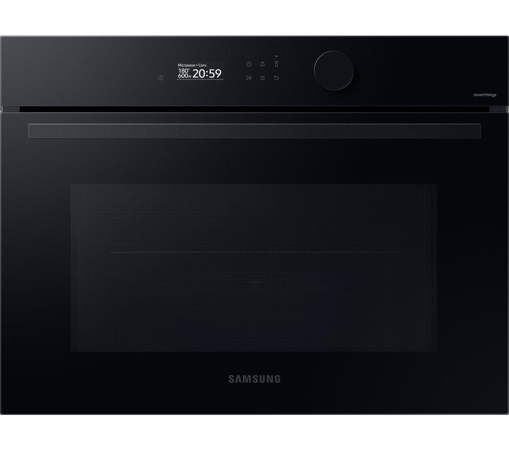 Samsung Bespoke Compact Oven Series 5 features a sleek clean black finish, a digital display with a clock, and a round control knob for easy operation.