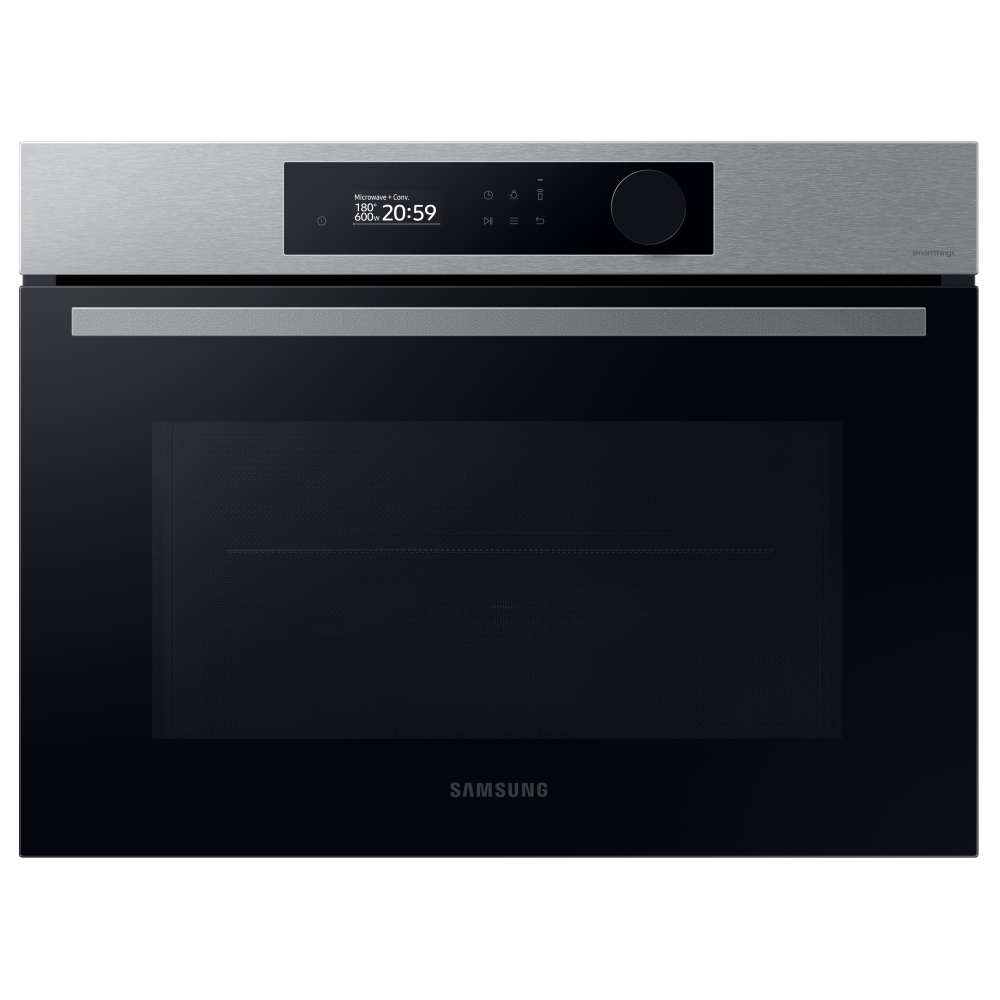 Samsung Compact Oven Series 5 features a sleek black exterior with a stainless steel control panel, digital display, and a large glass door for easy viewing of the 50L interior.