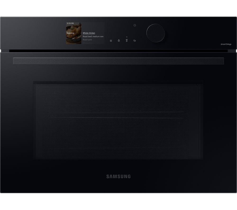 Sleek black built-in combination microwave with a glass front, featuring a digital display, control knob, and Samsung branding at the bottom.