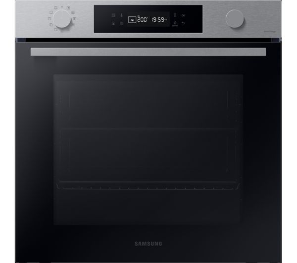 Samsung built-in oven with a sleek stainless steel front, a digital control panel, and a large black glass door featuring two oven compartments.