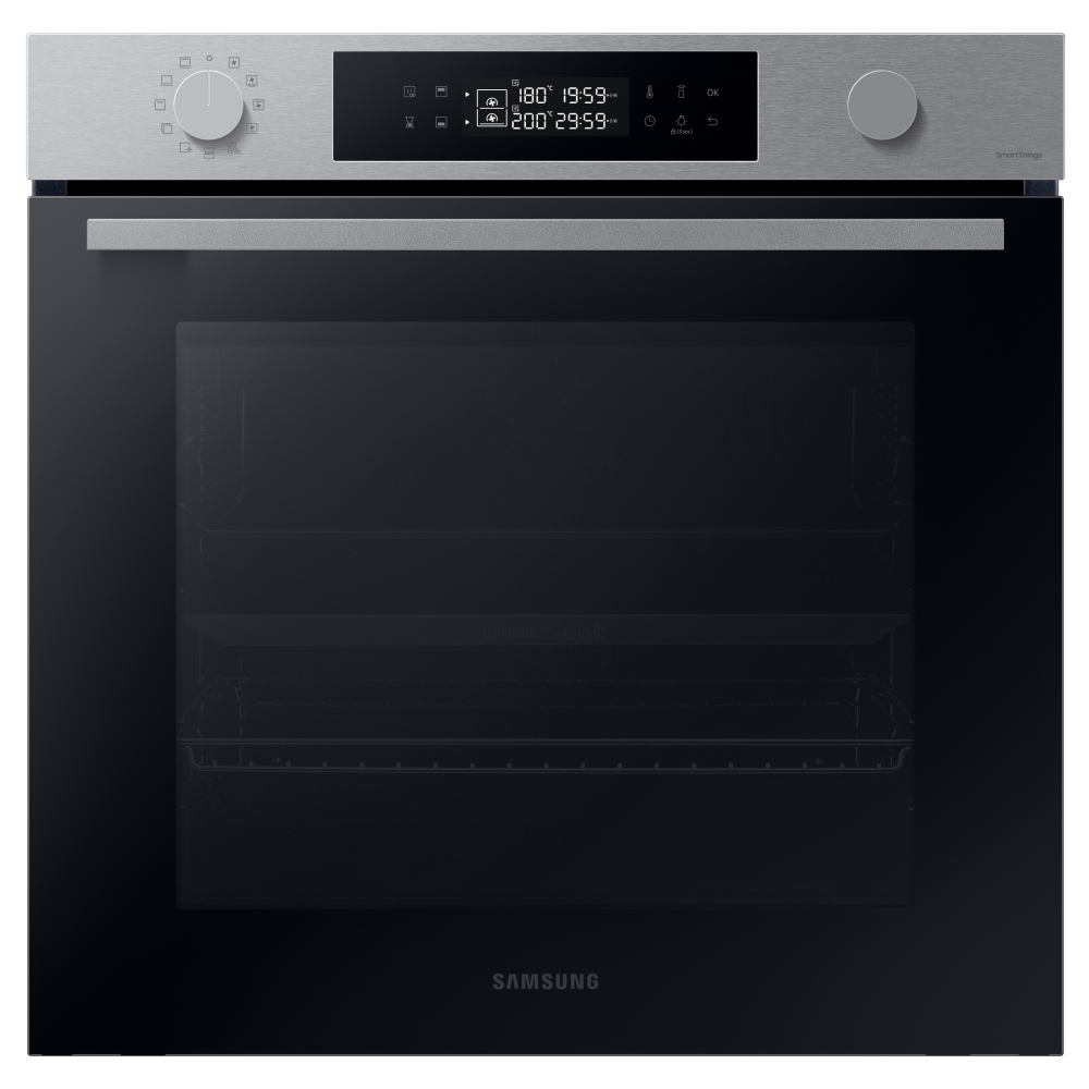 Samsung Series 4 Dual Cook single oven in sleek black with a stainless steel control panel, featuring a digital display and multiple knobs for precise temperature settings.