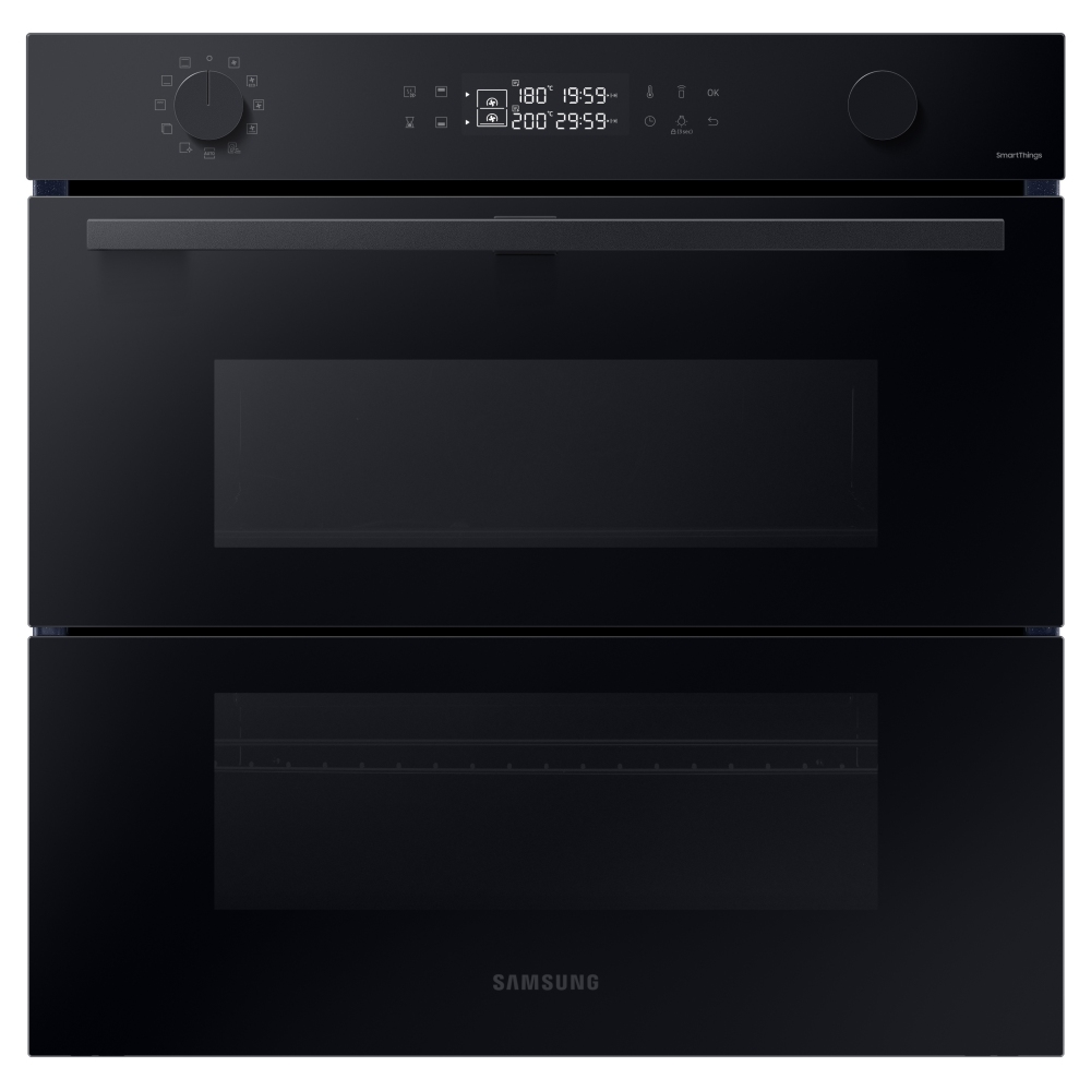 SAMSUNG Series 4 Dual Cook Flex electric smart oven in clean black, featuring a sleek design, dual cooking compartments, and a digital control panel with knobs and display.