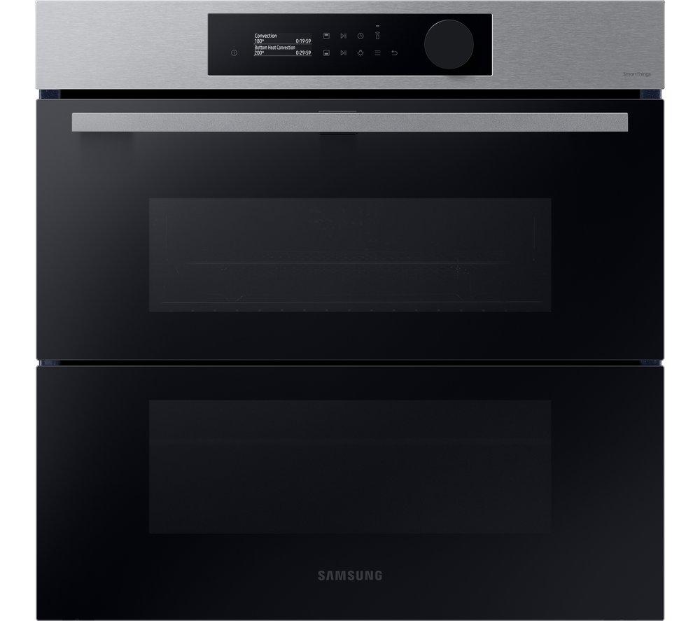 Samsung Series 5 Dual Cook Flex oven in stainless steel with a sleek black glass front, featuring a digital control panel and a large 76L capacity.