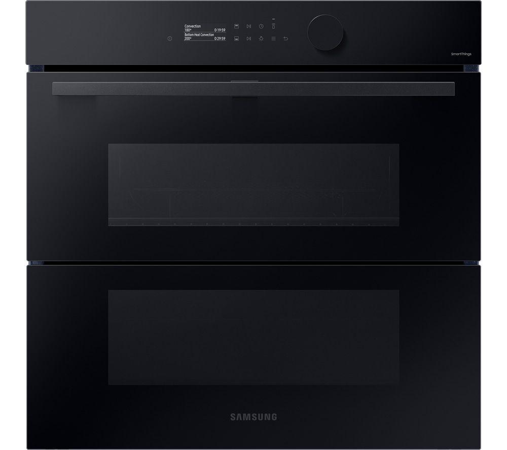 Sleek black Samsung Bespoke Single Oven with a dual cook flex feature, 76L capacity, touch control panel, and a modern glass front for an elegant kitchen look.