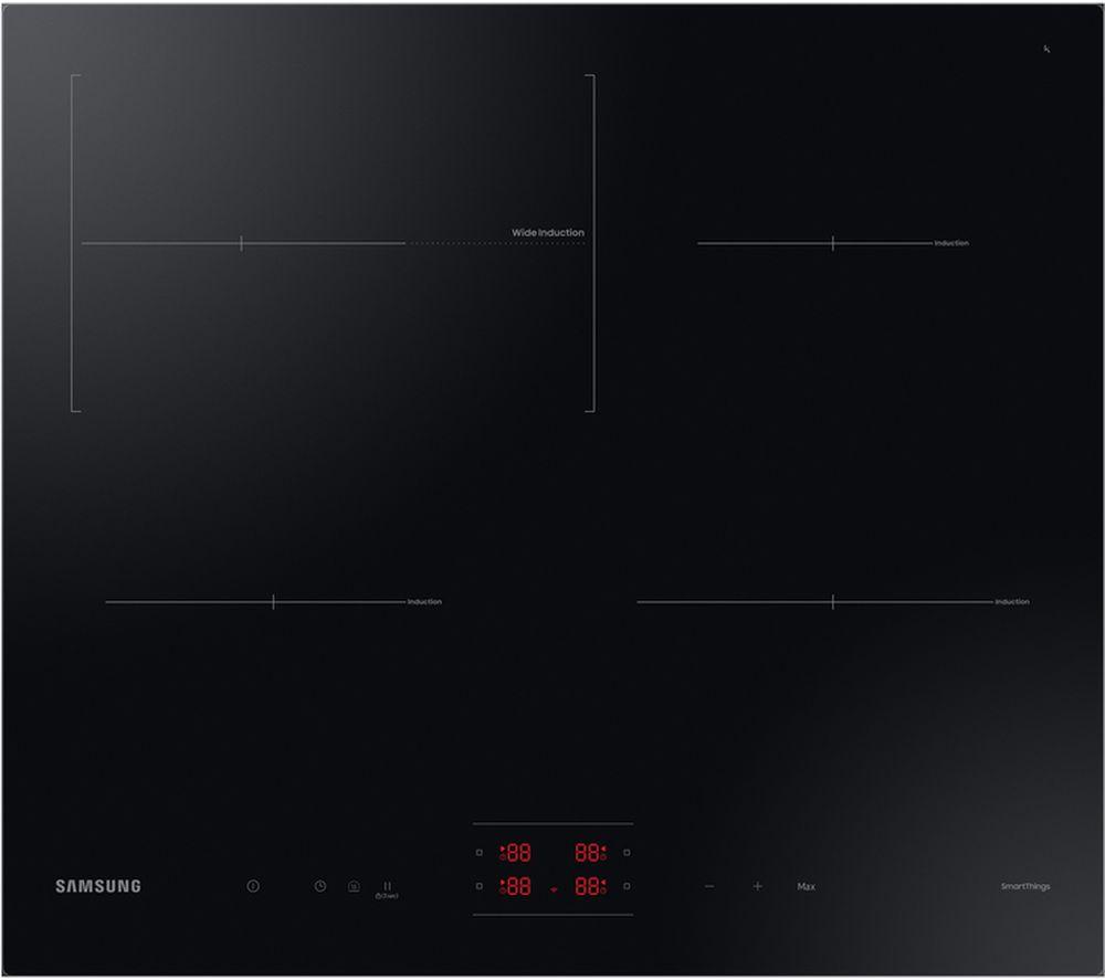 Samsung NZ64B4015FK 60cm slim fit induction hob featuring a sleek black glass surface, four cooking zones, touch controls, and digital displays for precise temperature settings.