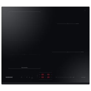 Samsung black induction hob featuring four burners, Flex Zone Plus, and a sleek glass surface with digital controls and a total power of 7.4kW.