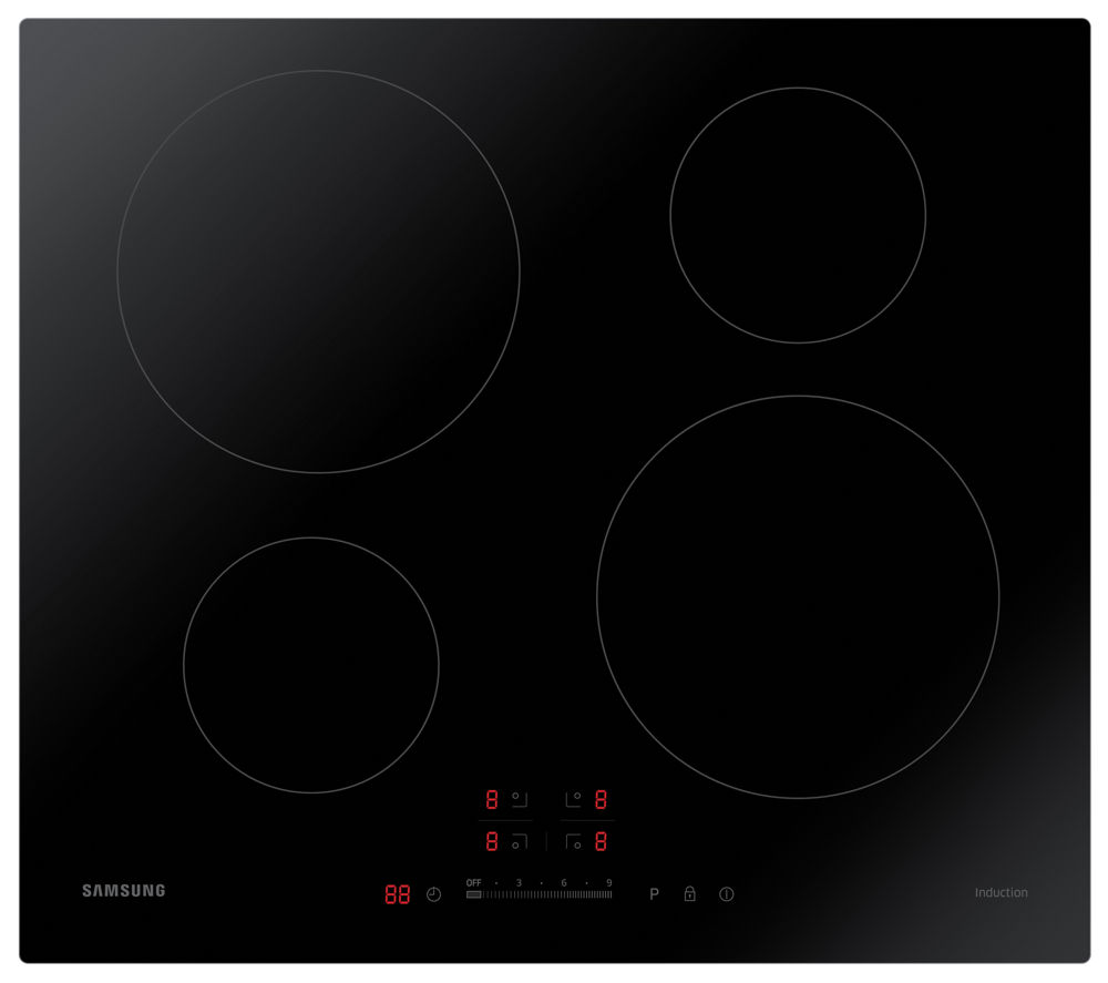 Samsung 4 burner smart ceramic induction hob in sleek black, featuring four circular cooking zones and a digital control panel with touch controls and LED display.
