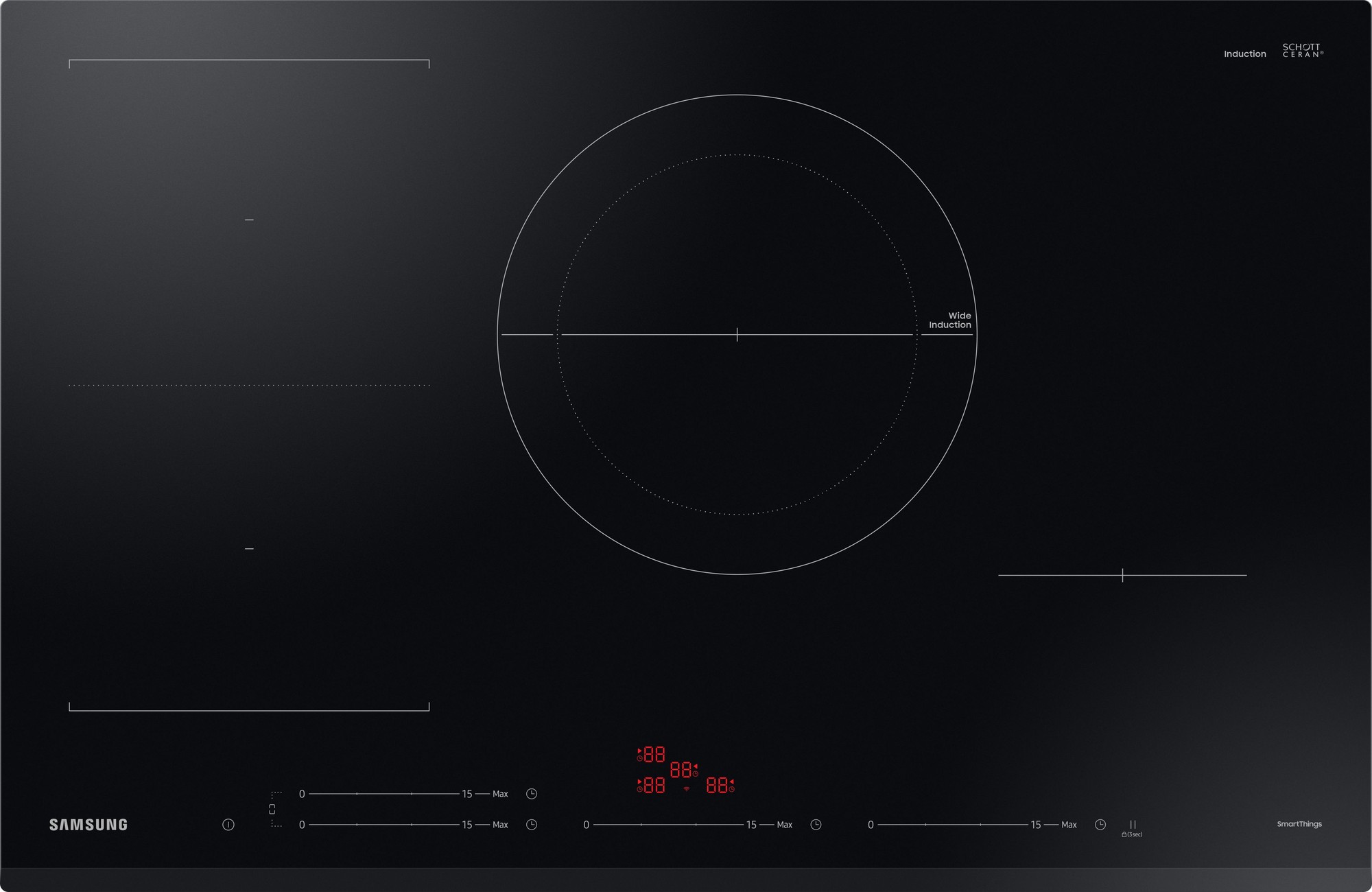 Samsung black induction hob with four burners, including a flex zone, featuring a sleek glass surface and digital controls, measuring 80 cm and delivering 7.4kW power.