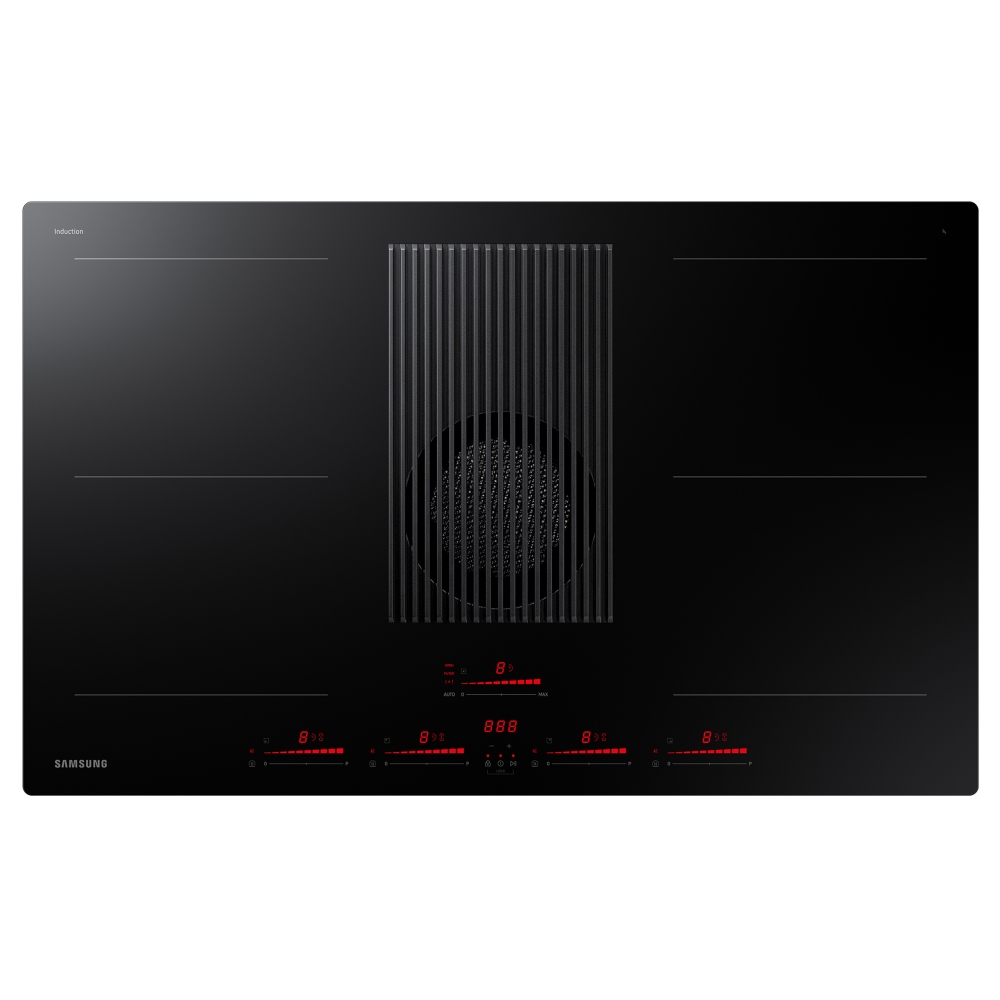 Samsung Infinite Range CombiHob features a sleek black glass surface with integrated extractor, touch controls, and four cooking zones, showcasing a modern design for contemporary kitchens.