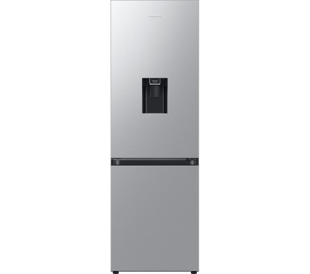 Samsung Bottom Mounted Freezer in silver with a sleek design, featuring a water dispenser, and a spacious 341L capacity.
