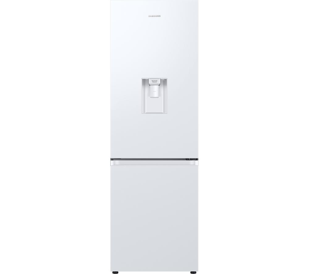White Samsung Series 7 RB34C632EWWEU SpaceMax fridge freezer with a sleek design, featuring a water dispenser and frost-free technology, offering 341L capacity.