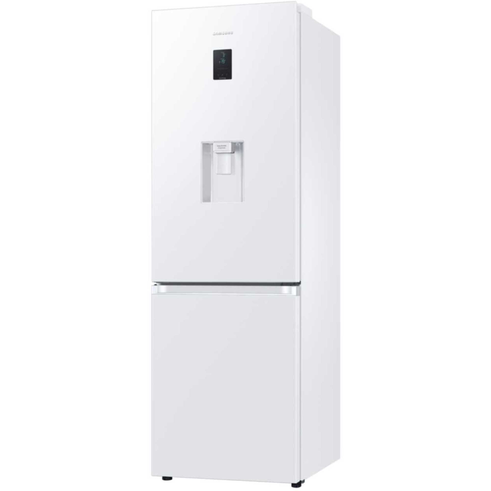 Samsung Bottom Mounted Freezer Series 7 in white, featuring a sleek design, 341L capacity, external water dispenser, and a digital display on the front.