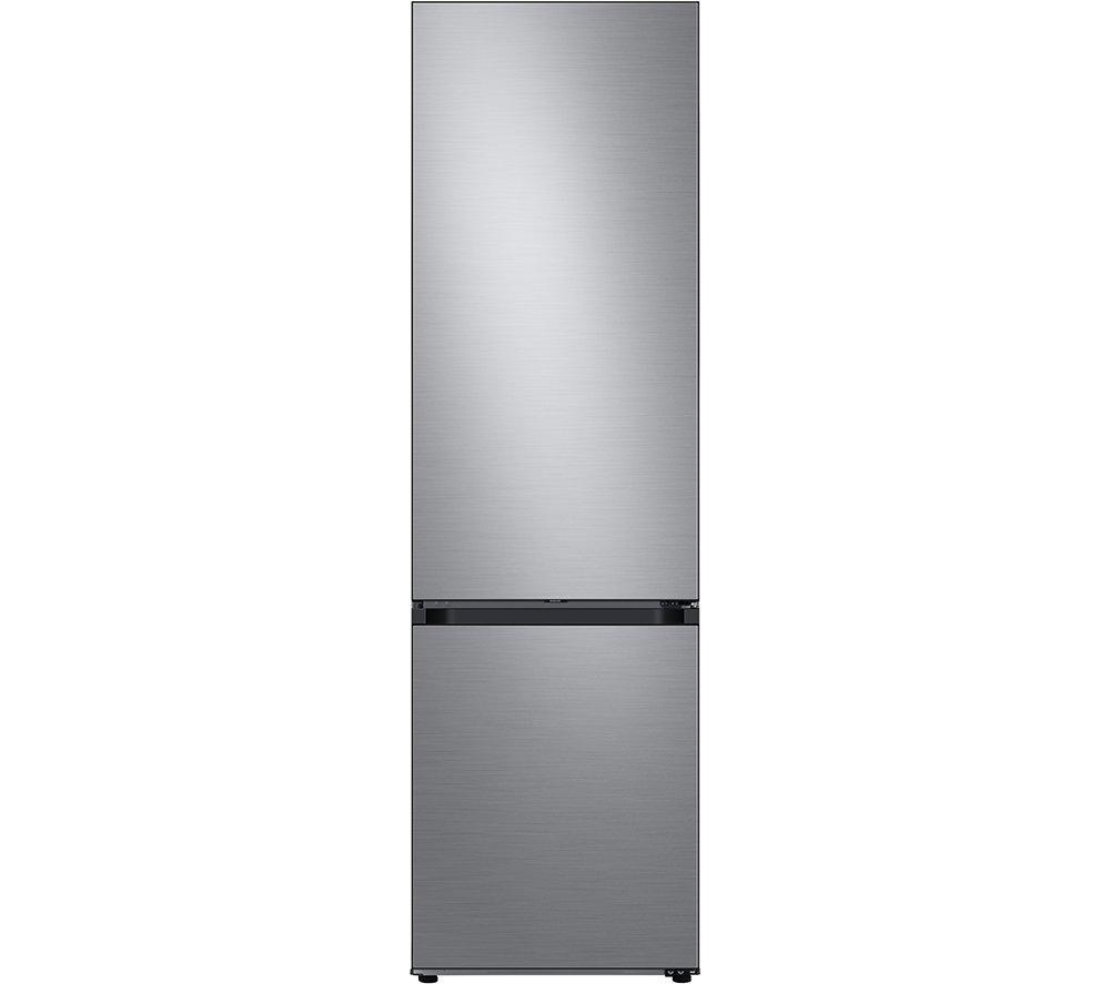 Silver frost-free fridge freezer with a sleek stainless steel finish, featuring a minimalist design and a bottom-mounted freezer compartment.