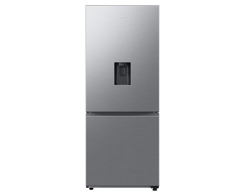 Samsung Bottom Mounted Freezer Series 8 in silver, featuring a sleek stainless steel finish, a water dispenser on the front, and a spacious 505L capacity.