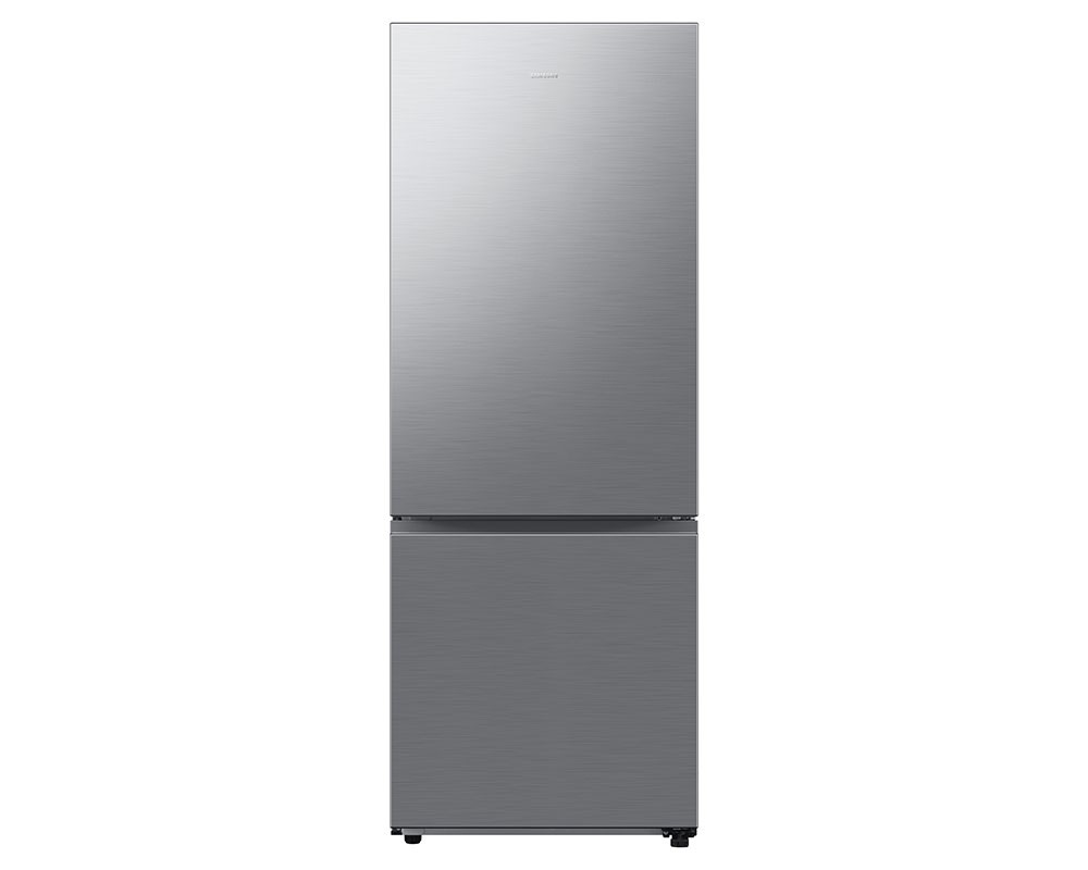 Sleek silver Samsung fridge freezer with a brushed metal finish, featuring a bottom freezer compartment and SpaceMax™ technology for enhanced storage capacity.