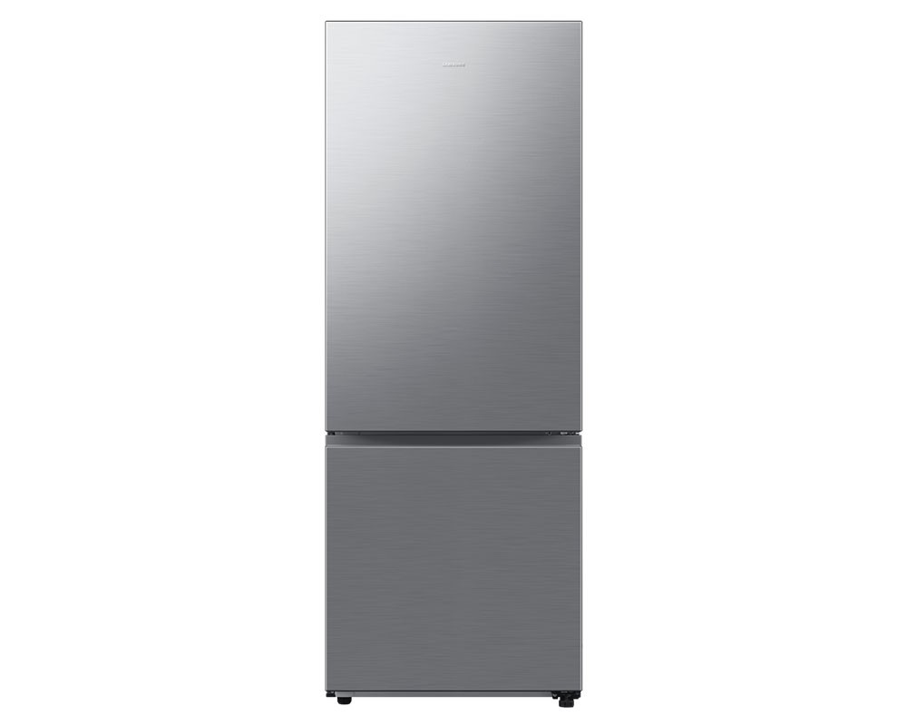 Sleek silver Samsung fridge freezer with a brushed metal finish, featuring a bottom freezer compartment and SpaceMax technology for enhanced storage capacity.