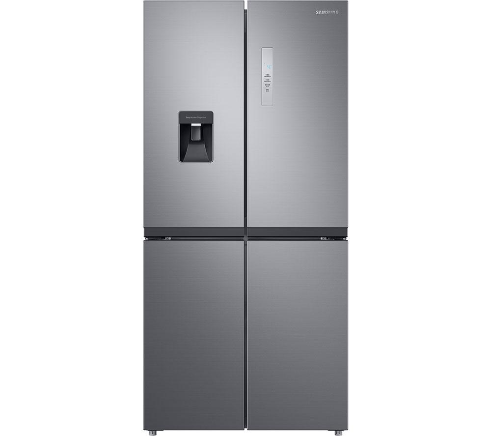Samsung 4 Door French Door Refrigerator in sleek gray finish, featuring a modern design, SpaceMax technology, and a water dispenser on the left door.