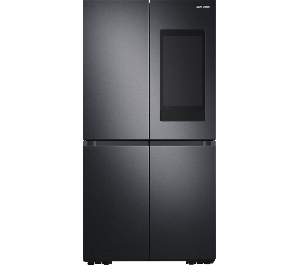 Black stainless steel Samsung RF65A977FB1 Family Hub fridge freezer features a sleek design with a touchscreen display and four doors for easy access to fresh and frozen foods.