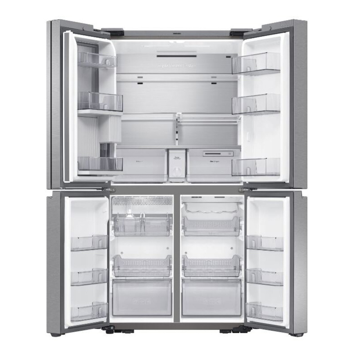 Silver Samsung RF65A977FSR Family Hub American style fridge freezer with a sleek design, featuring multiple shelves, drawers, and a spacious interior for optimal food storage.