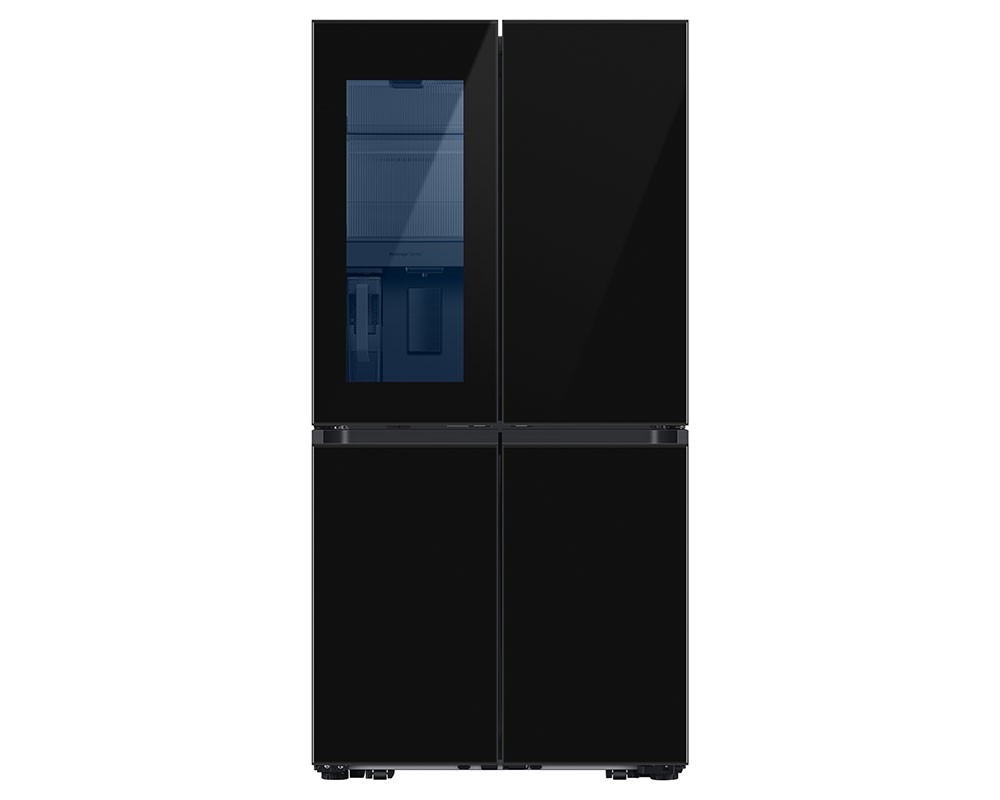 Samsung Bespoke AI 4 Door French Door Refrigerator in sleek clean black, featuring a spacious 645L capacity, modern design, and a glass panel for easy access to contents.