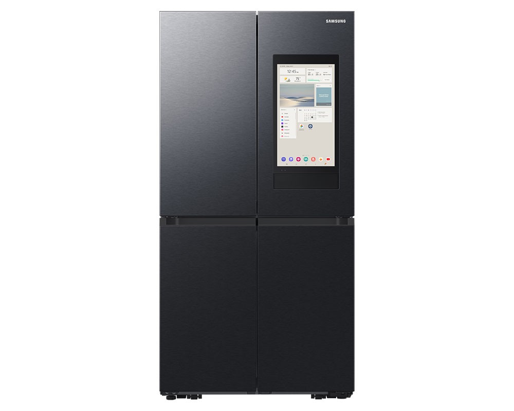 Samsung Bespoke AI 4 Door French Refrigerator in sleek black finish, featuring a Family Hub touchscreen interface, four spacious compartments, and a modern stainless steel design.