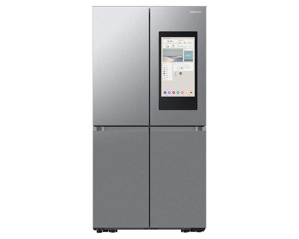 Samsung Bespoke AI 4 Door French Door Refrigerator in silver, featuring a sleek stainless steel finish, a digital Family Hub touchscreen, and a spacious 636L capacity.