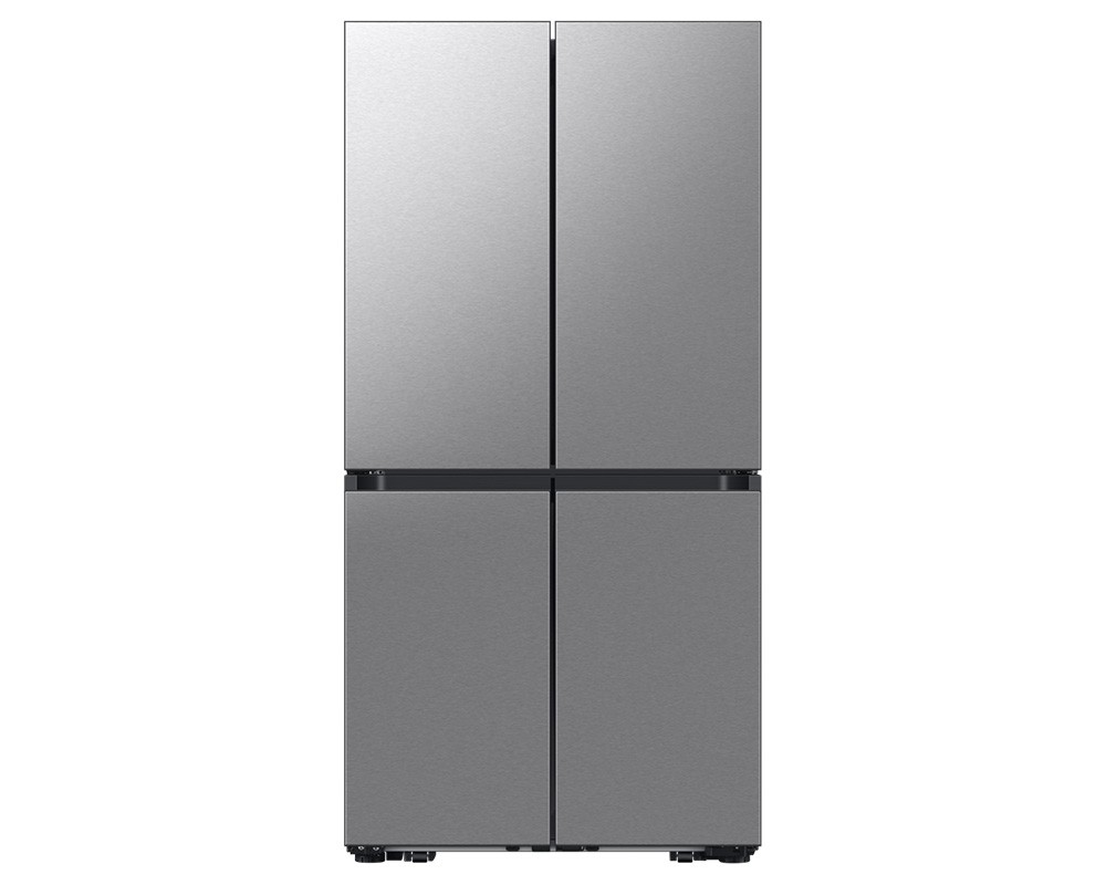 Sleek silver Samsung RM70F67RDREU refrigerator with a four-door design, featuring a modern stainless steel finish and a minimalist aesthetic.