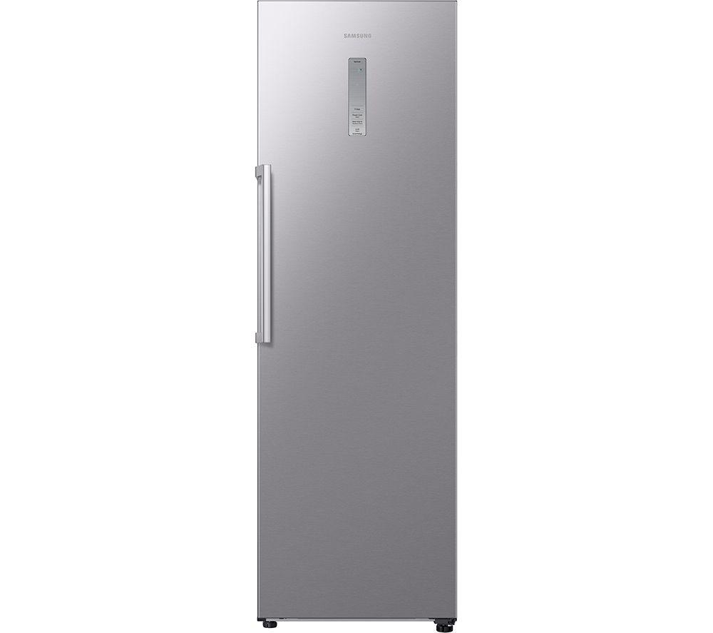 Tall silver fridge with a sleek design, 186cm high and 60cm wide, featuring a minimalist handle and control panel on the front for temperature settings.