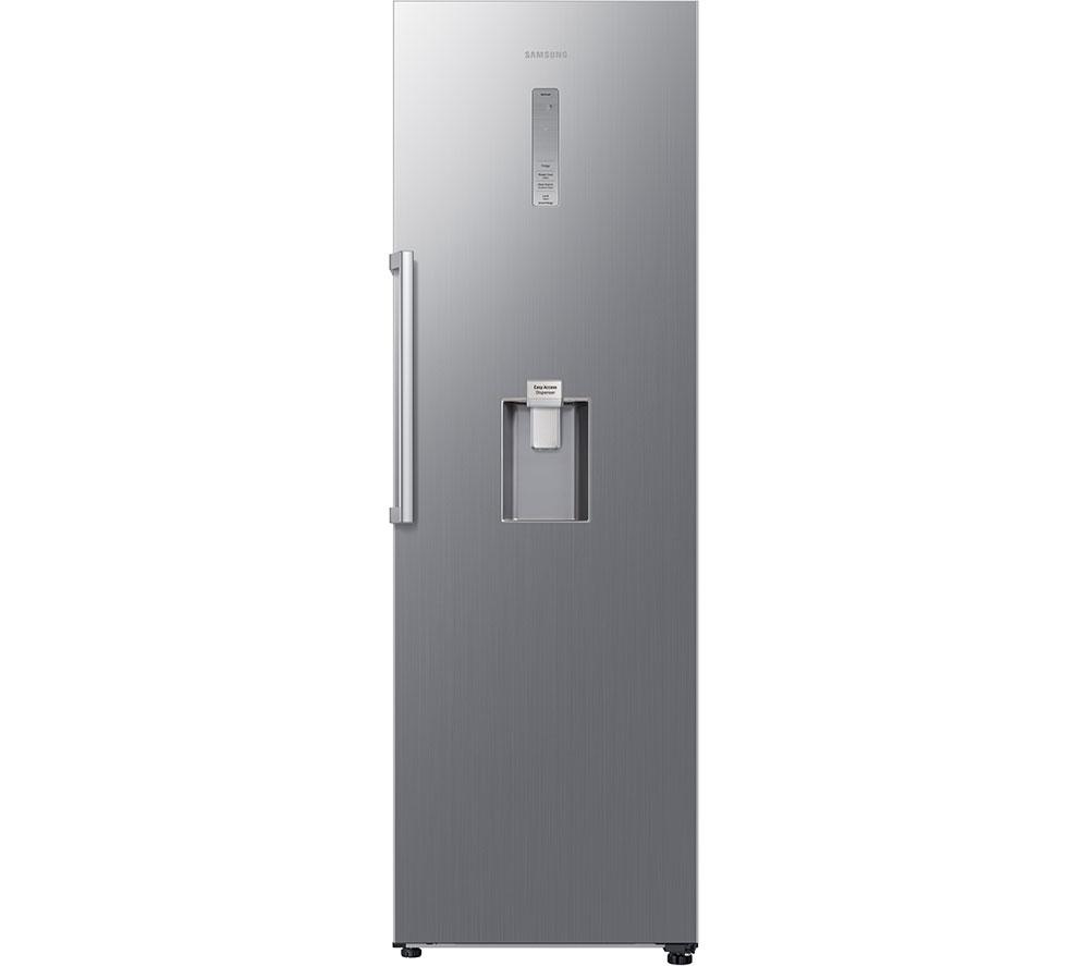 SAMSUNG Bespoke SpaceMax tall fridge in stainless steel, featuring a sleek design, water dispenser, and digital control panel on the front.