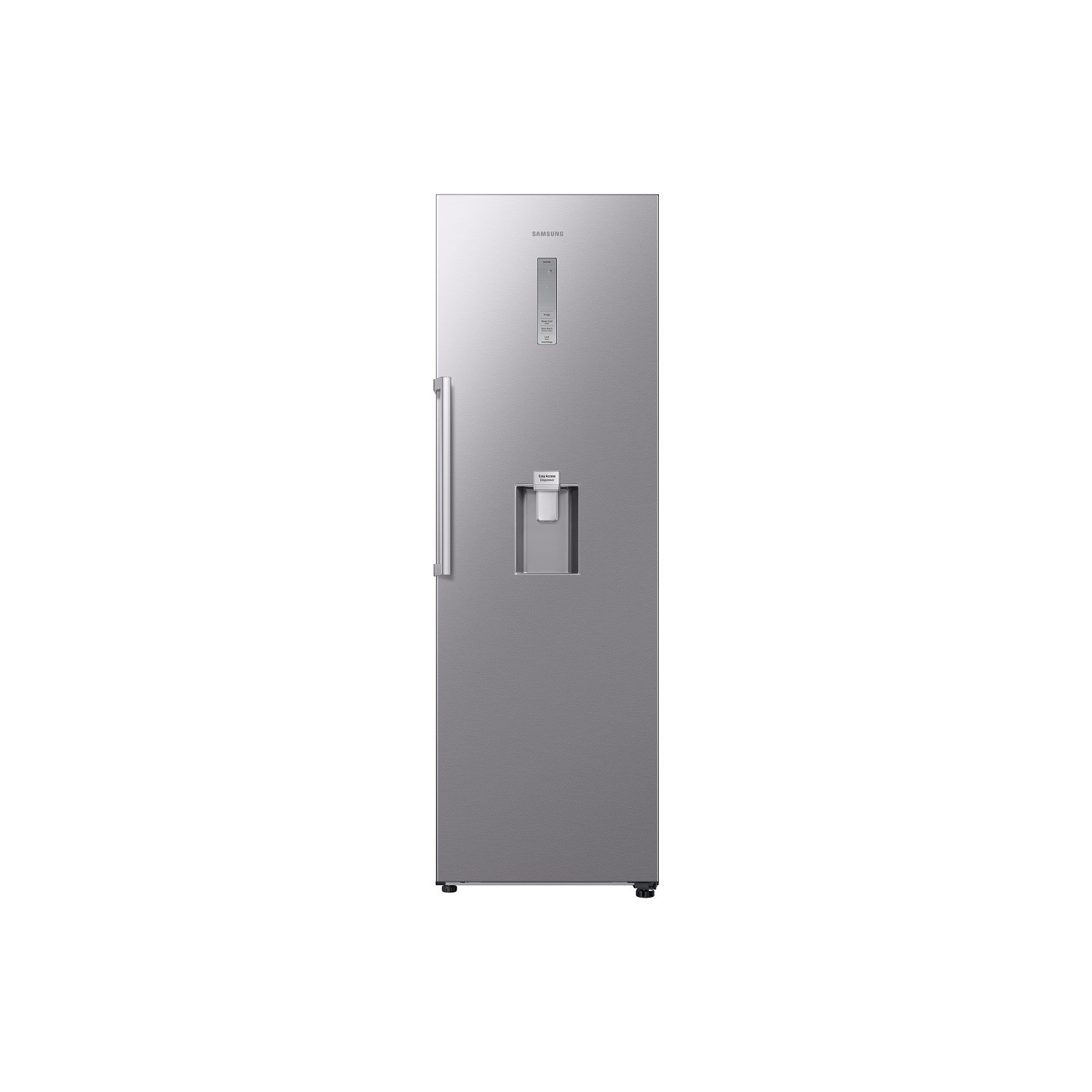 Silver tall one-door fridge with a sleek stainless steel finish, featuring a water dispenser and SmartThings connectivity.