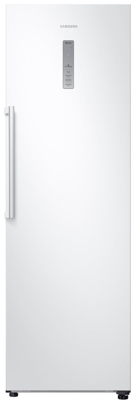 Tall white larder fridge with a sleek design, featuring a stainless steel handle and a digital control panel in the center for easy temperature adjustments.