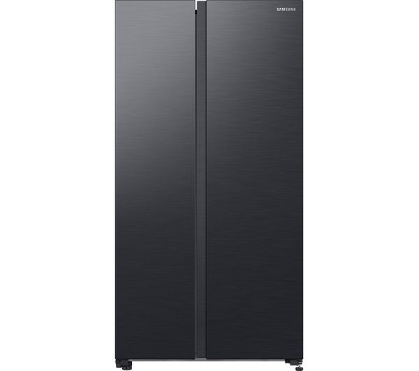 Black stainless steel Samsung RS62DG5003B1EU American style fridge freezer featuring a sleek design, double doors, and SpaceMax technology for extra storage capacity.