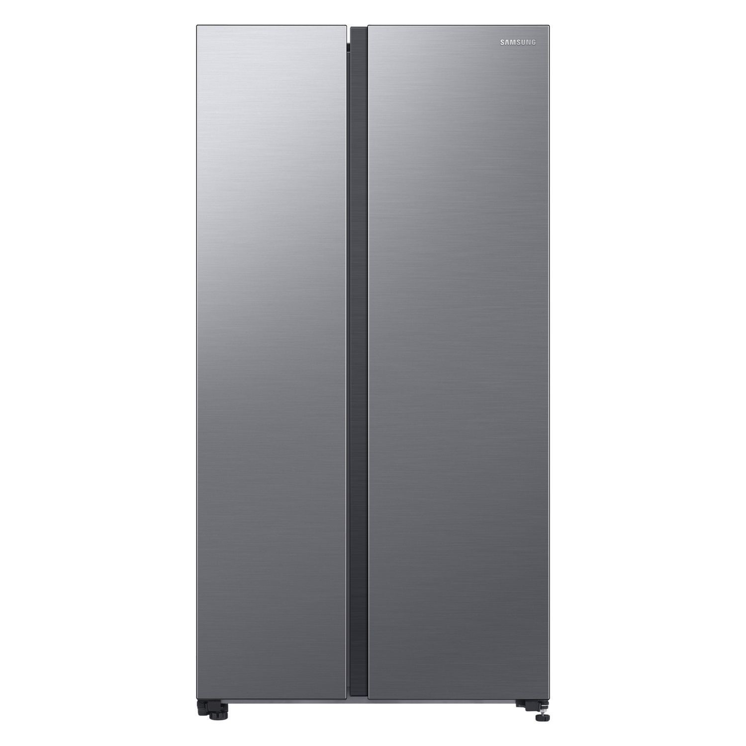 Sleek silver stainless steel Samsung RS62DG5003S9EU Series 6 American style fridge freezer with double doors and a modern, refined finish.