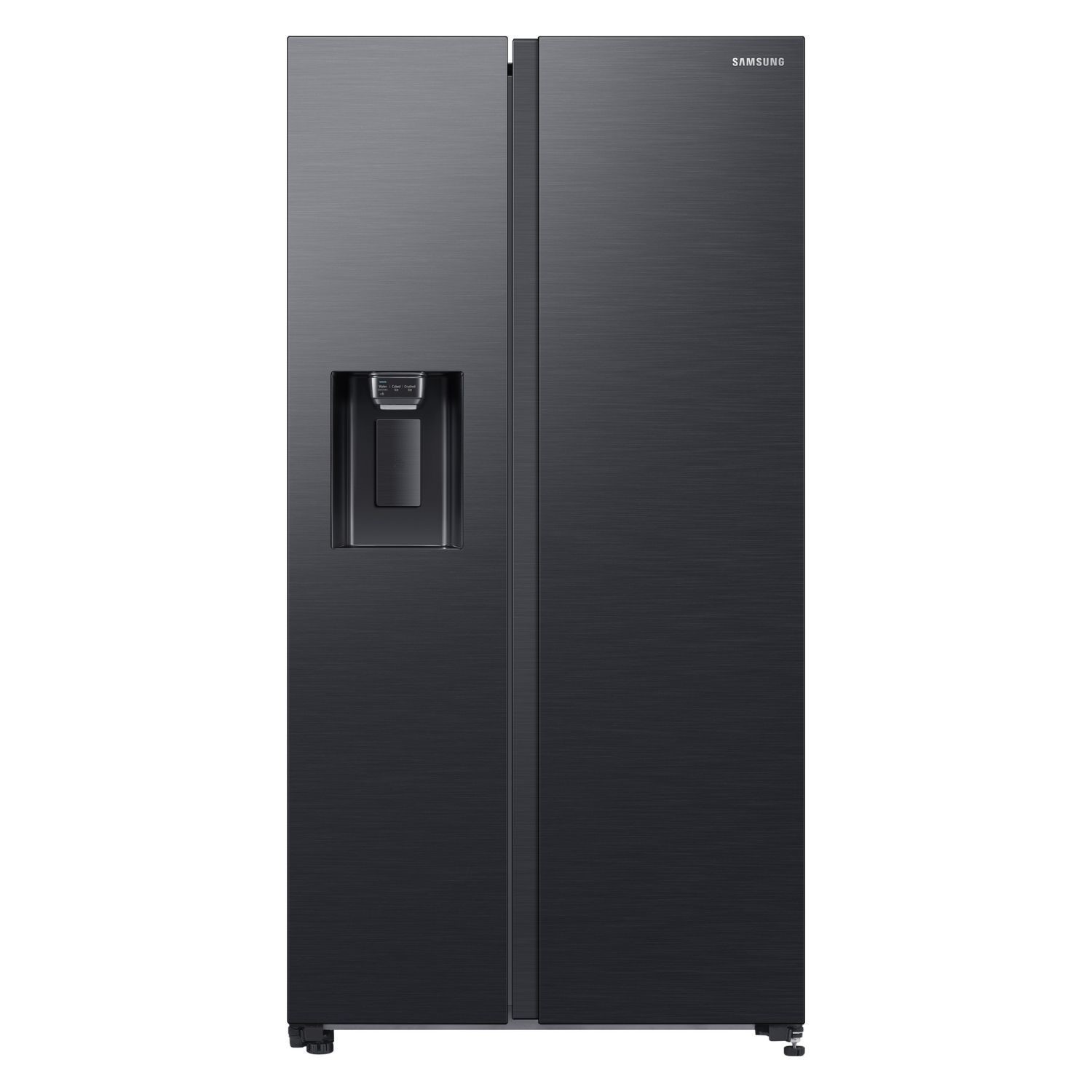 Black Samsung RS65DG54M3B1EU American style fridge freezer featuring a sleek stainless steel finish, side-by-side doors, and a water dispenser on the front.