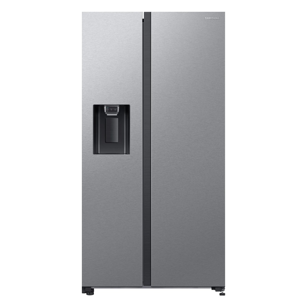Black American style fridge freezer with a sleek stainless steel finish, side-by-side doors, external water dispenser, and modern design features.